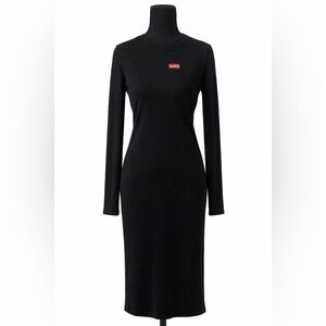 HUGO Black Long-Sleeve Slim Fit Midi Dress with Red Logo